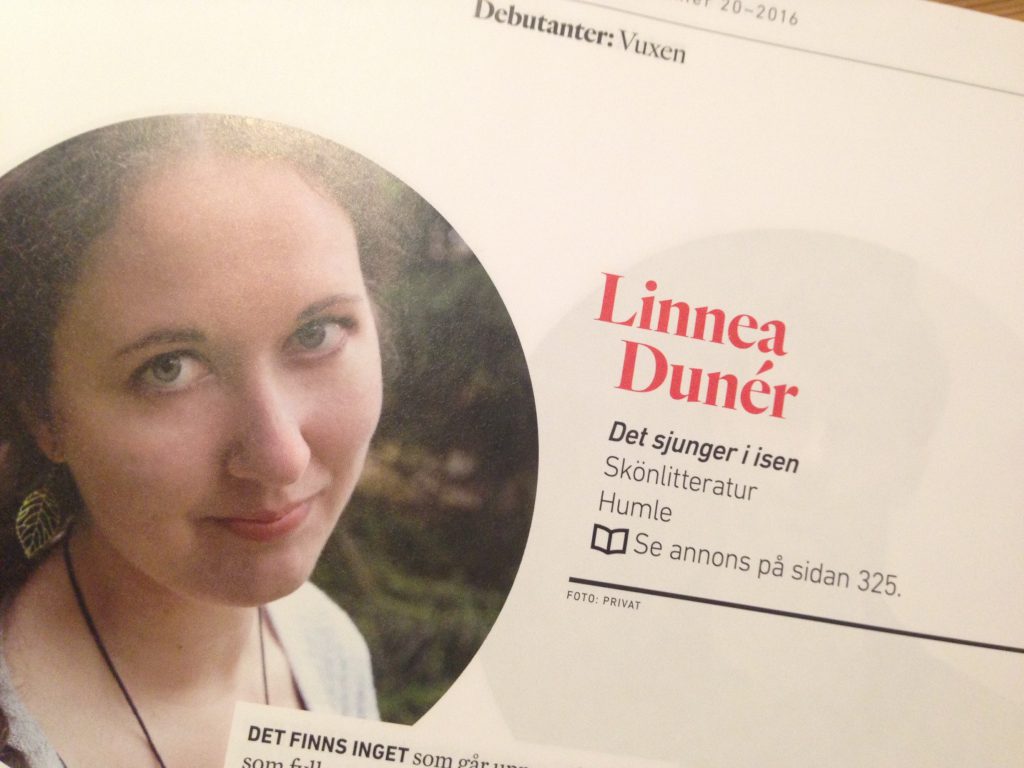 Linnea Dunérs debutantporträtt i Svensk bokhandels vårkatalog.